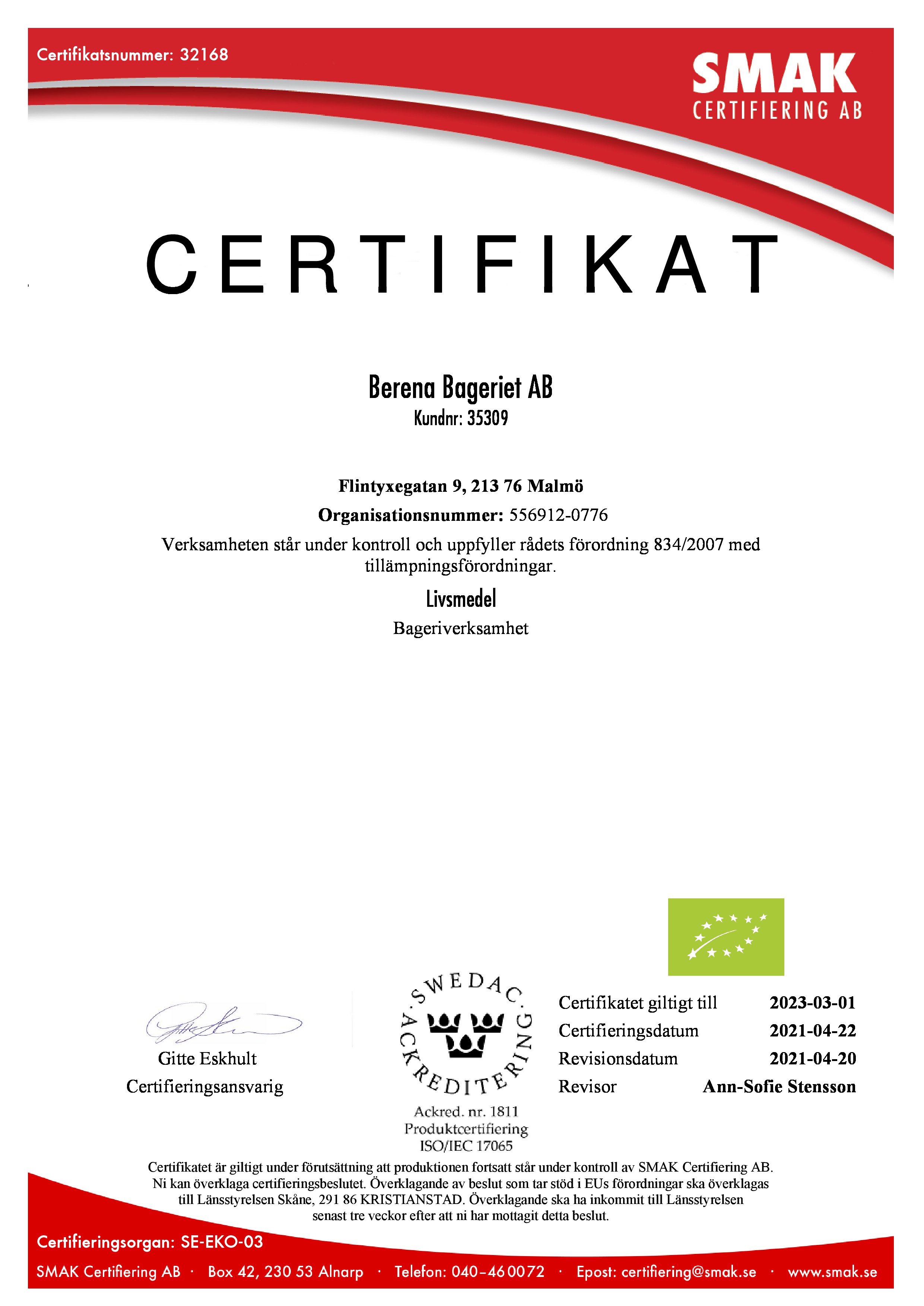 Certifikat Berena Bageriet ip